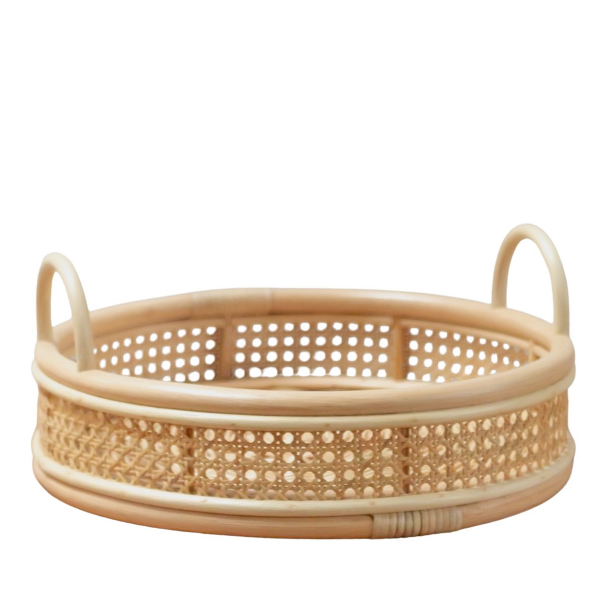 Rond dienblad van rotan met handvaten