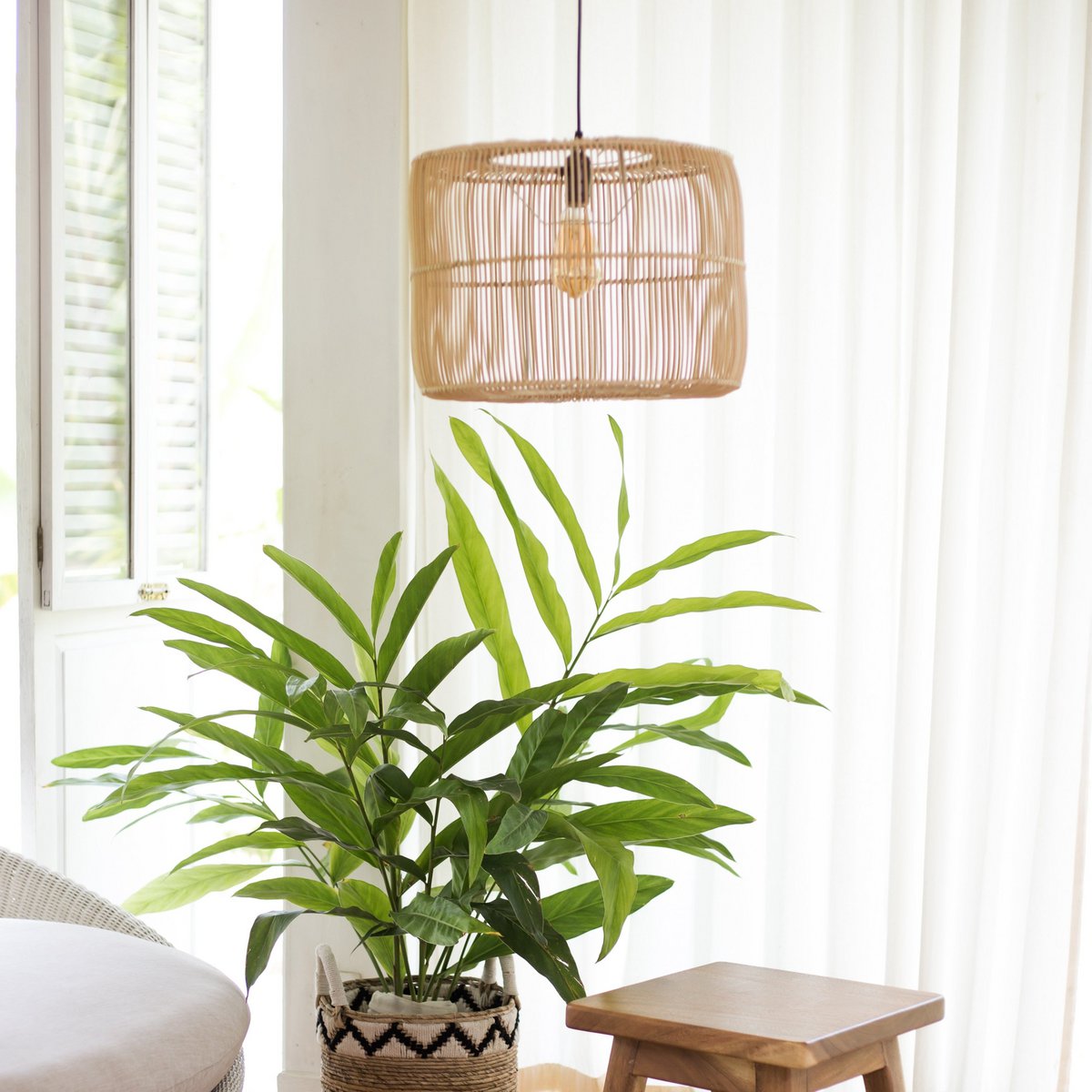Hanglamp van rotan hangend boven een plant