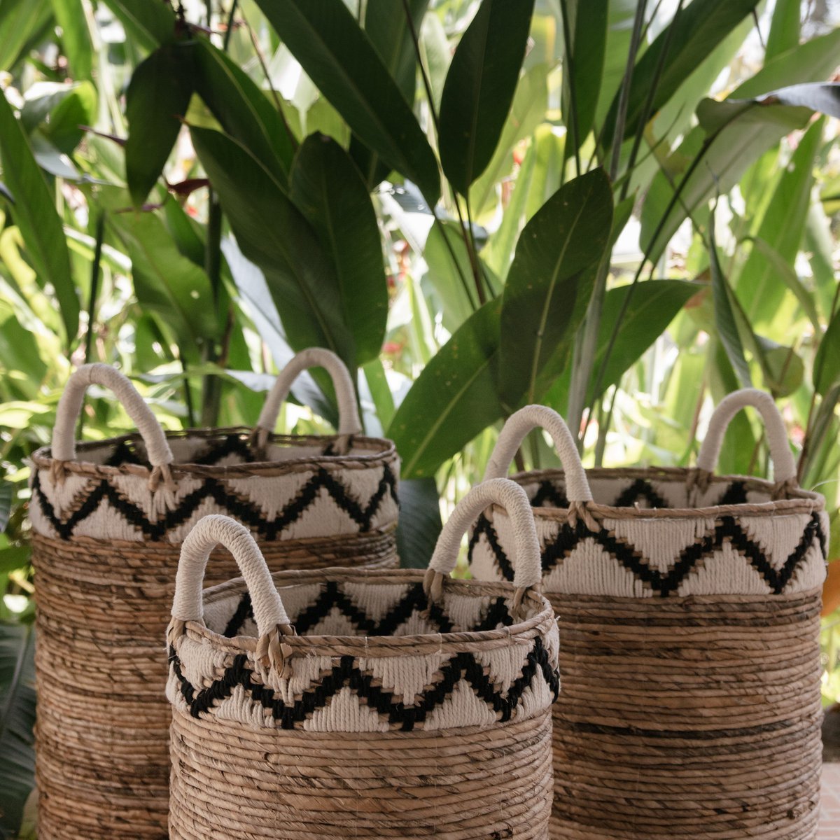 Drie plantenmanden van bananenvezel met planten erachter