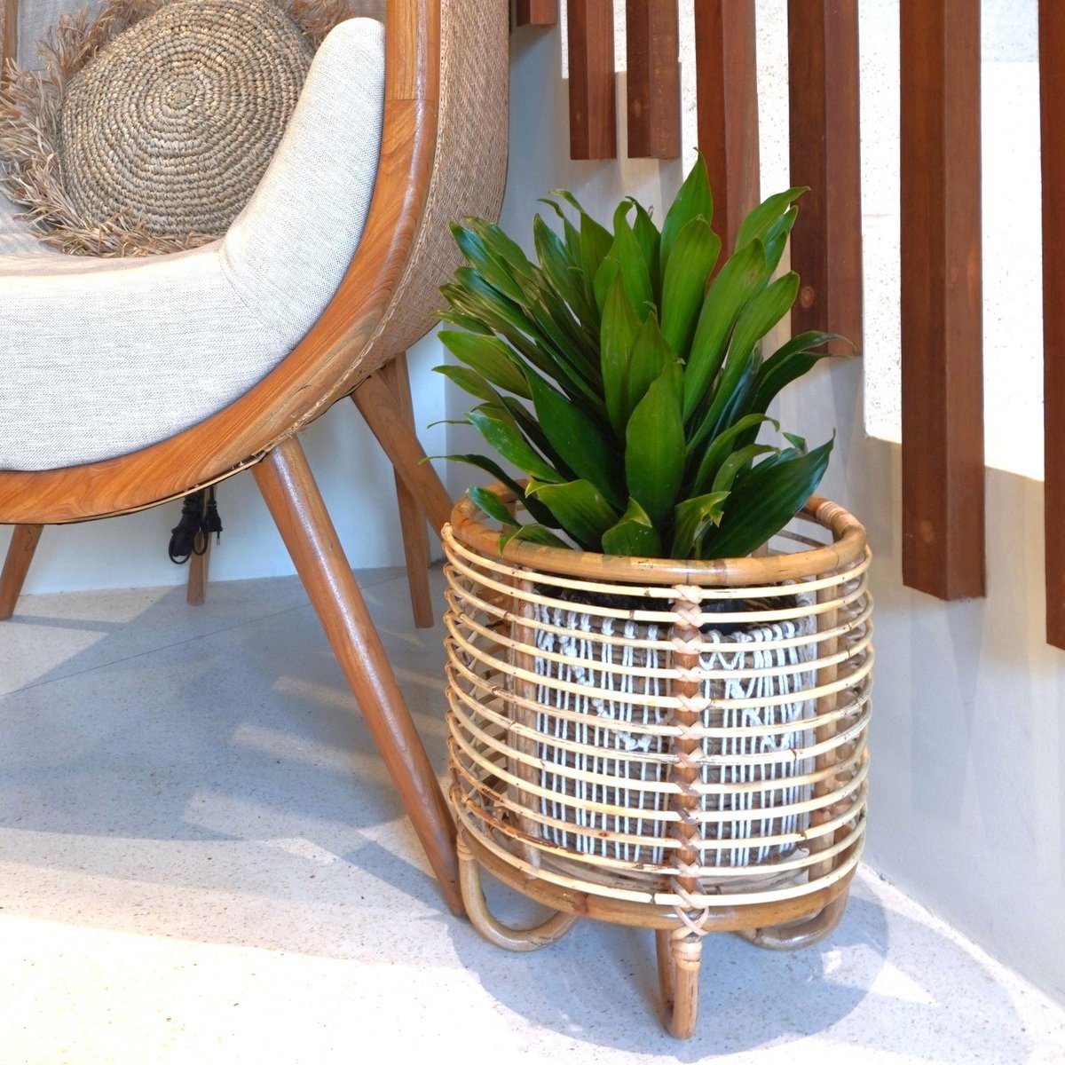 Plantenstandaard van rotan met een plant erin staand naast een stoel