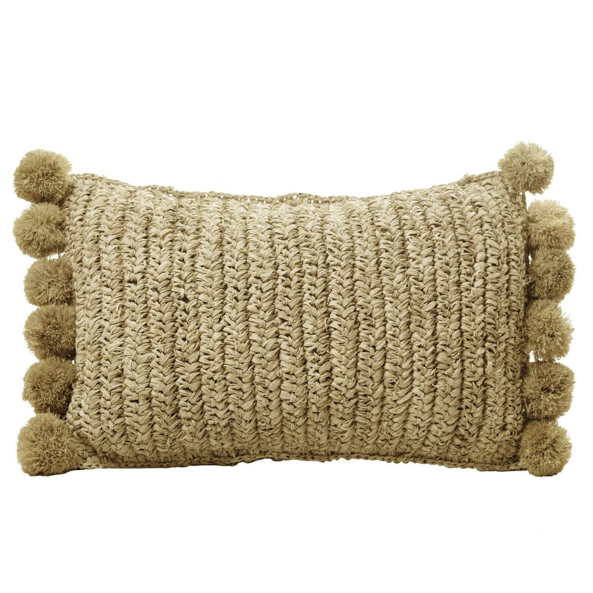 Sierkussen met een vulling van raffia op een witte achtergrond