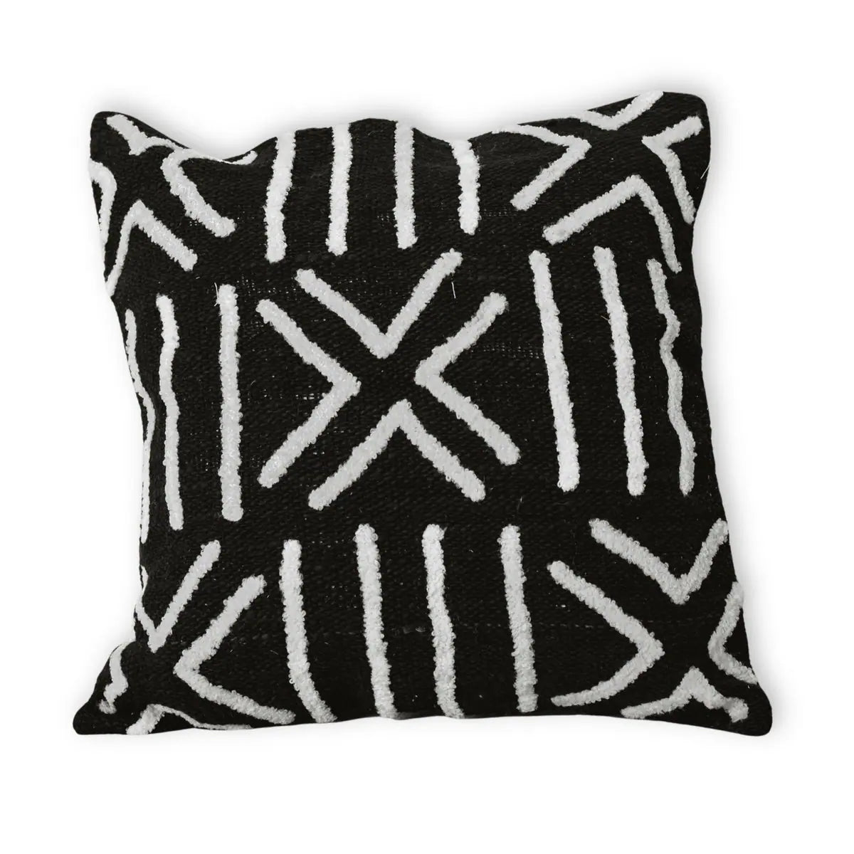 Katoenen kussenhoes van zwart katoen met witte figuren op witte achtergrond